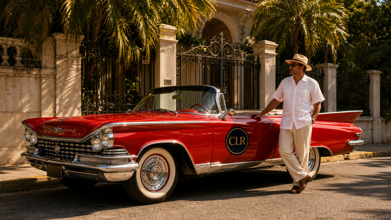 Restored 1959 Buick convertible with a licensed driver waiting outside a Havana villa