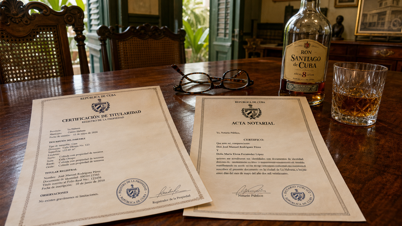 Notarial deed and property title on a colonial dining table in Old Havana, Cuba