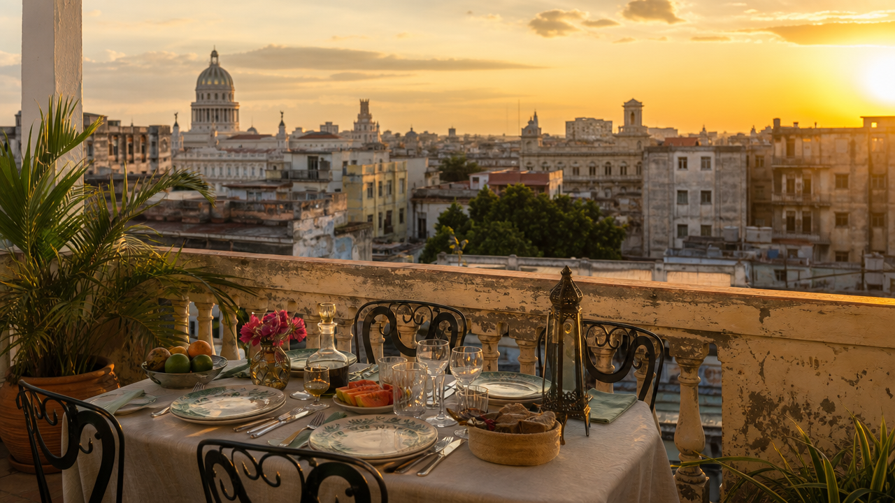 A private concierge in Cuba arranging a rooftop paladar table above Havana at sunset