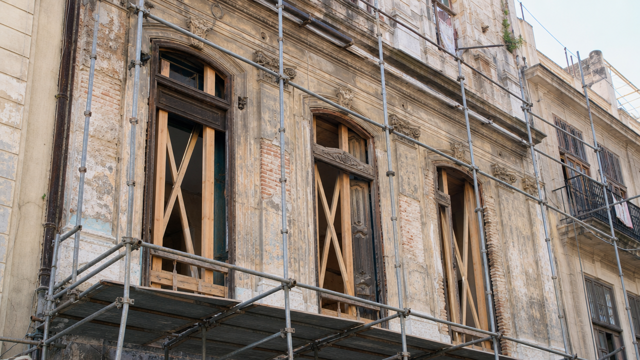Restoring a colonial building in Old Havana: scaffolding on a protected facade in Habana Vieja