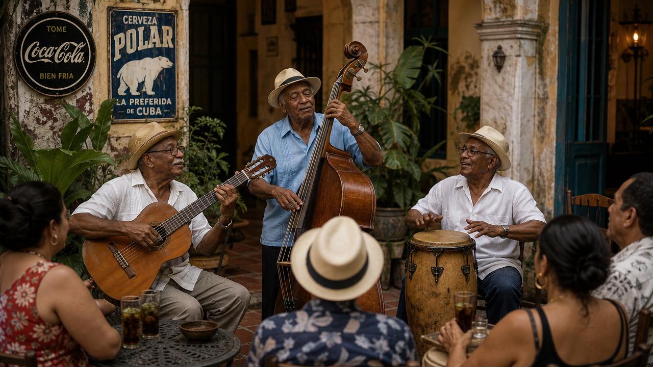 Son cubano trio playing in a private colonial courtyard in Havana, Cuba